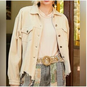 POL Cropped Distressed Raw Hem Corduroy Trucker Jacket Oversized Tan Women Large